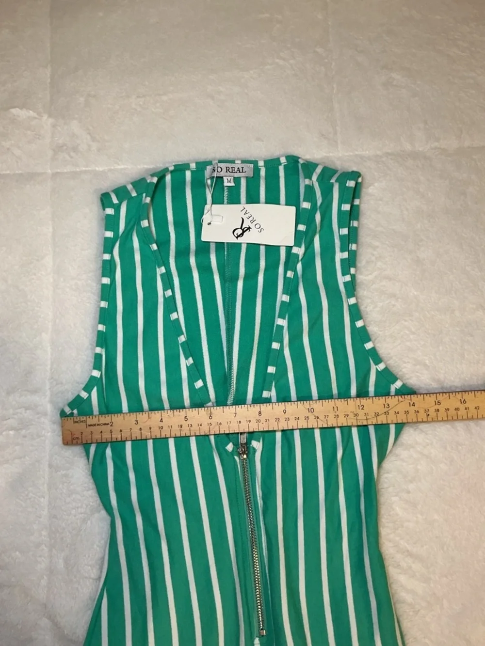 Green & White Striped Sleeveless Romper with Front Zip - Picture 5 of 8